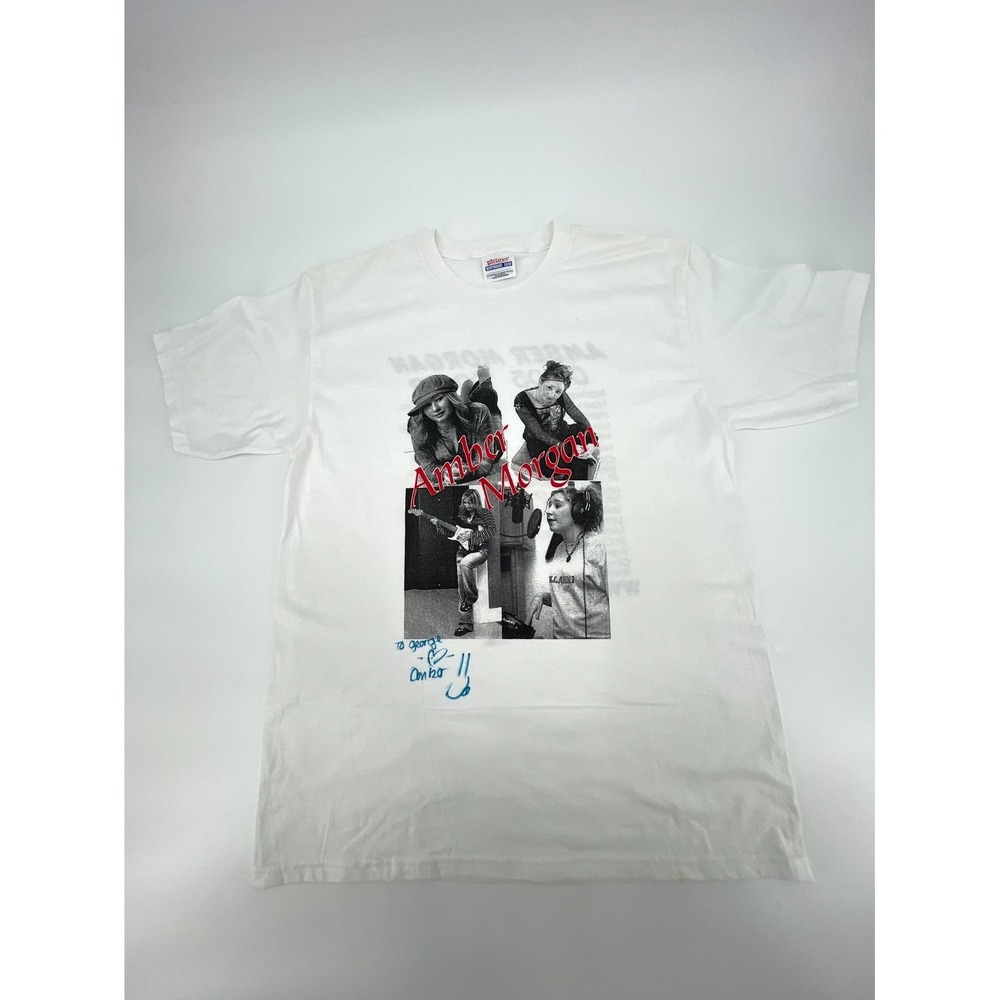 Hanes T Shirt Mens Medium White Amber Morgan Graphic Print Logo Preshrunk Cotton
